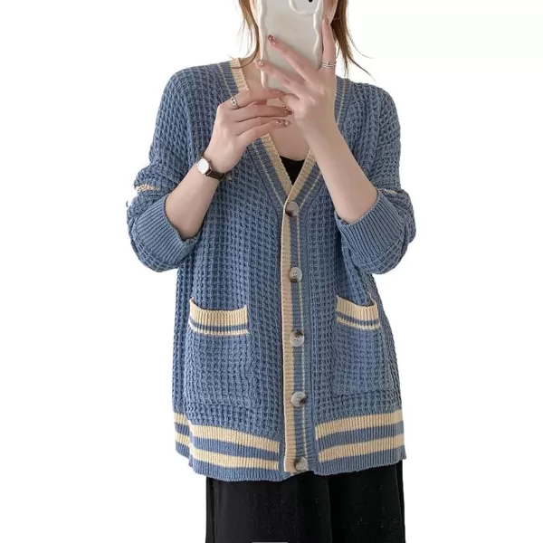 CHARTOU Women's Oversized Open Front Cardigan Button Down Stripes Slouchy Waffle Knit Sweater