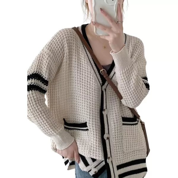 CHARTOU Women's Oversized Open Front Cardigan Button Down Stripes Slouchy Waffle Knit Sweater
