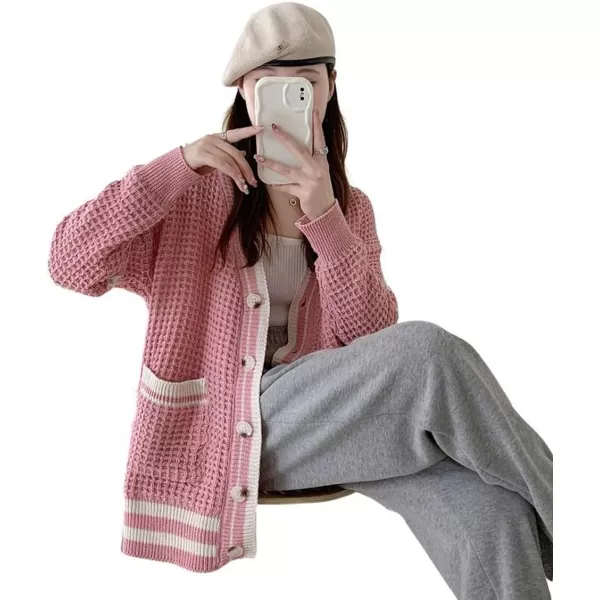 CHARTOU Women's Oversized Open Front Cardigan Button Down Stripes Slouchy Waffle Knit Sweater