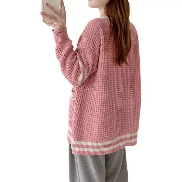 CHARTOU Women's Oversized Open Front Cardigan Button Down Stripes Slouchy Waffle Knit Sweater