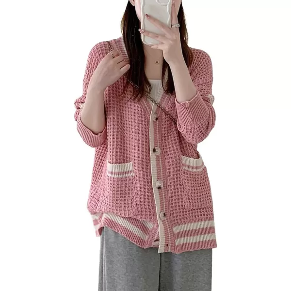 CHARTOU Women's Oversized Open Front Cardigan Button Down Stripes Slouchy Waffle Knit Sweater
