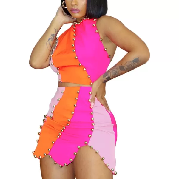 CHARTOU Women's Sexy Summer 2 Pieces Outfit Beaded Crop Tops and Irregular Skirts Sets