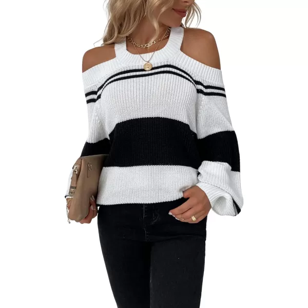 CHARTOU Women's Striped Color Block Halter Neck Cold Shoulder Lantern Sleeve Pullover Sweater