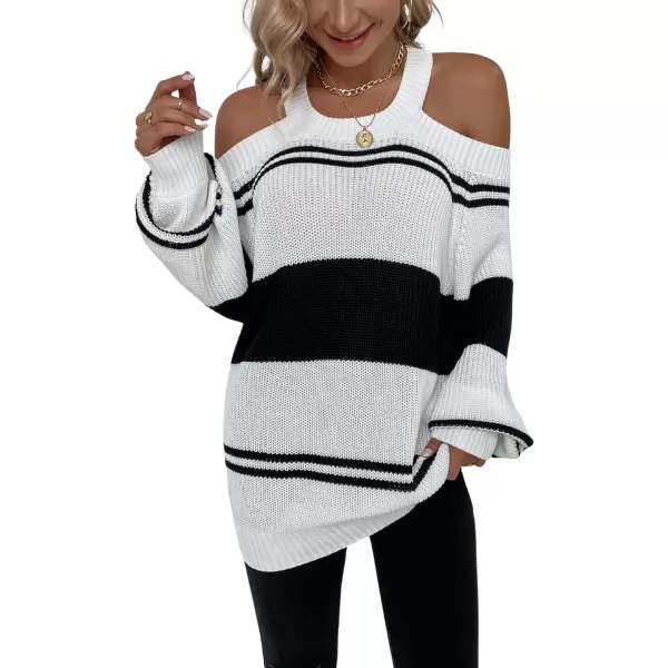 CHARTOU Women's Striped Color Block Halter Neck Cold Shoulder Lantern Sleeve Pullover Sweater