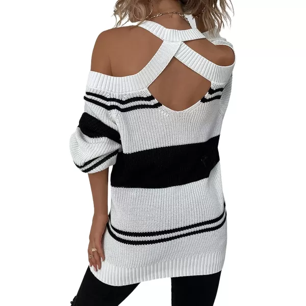 CHARTOU Women's Striped Color Block Halter Neck Cold Shoulder Lantern Sleeve Pullover Sweater