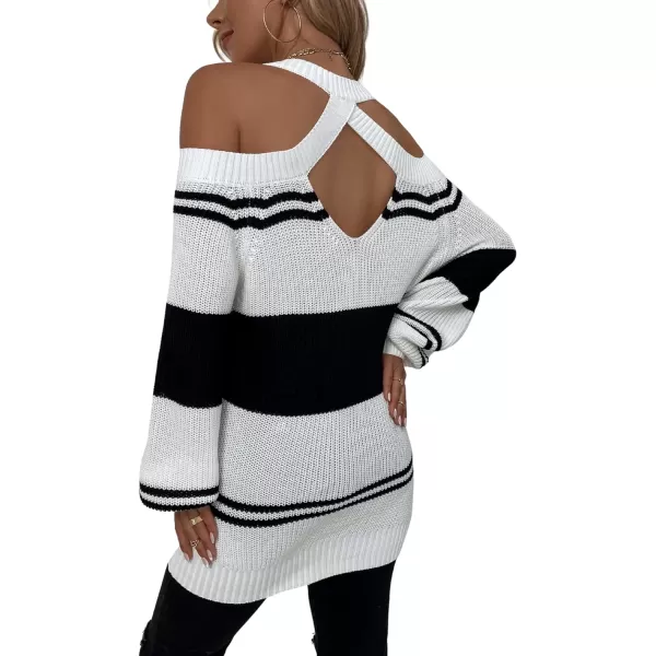 CHARTOU Women's Striped Color Block Halter Neck Cold Shoulder Lantern Sleeve Pullover Sweater