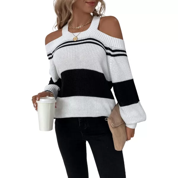 CHARTOU Women's Striped Color Block Halter Neck Cold Shoulder Lantern Sleeve Pullover Sweater