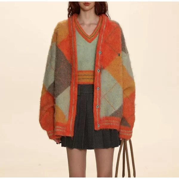 CHARTOU Women's Sweater Vest Sets 2 Piece Outfits Color Block Plaid Cardigan Sweater Striped Embroidered Knit V Neck Vest Set