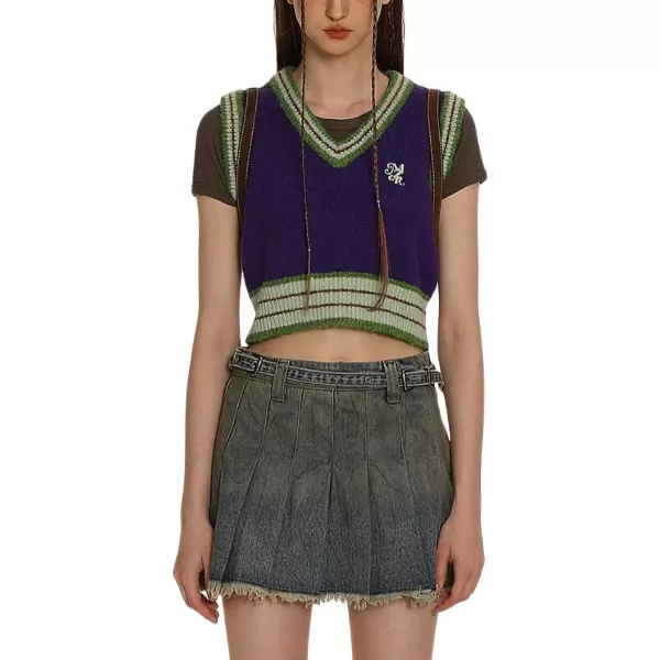 CHARTOU Women's Sweater Vest Sets 2 Piece Outfits Color Block Plaid Cardigan Sweater Striped Embroidered Knit V Neck Vest Set