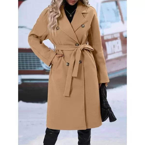 CHARTOU Women's Wool Blend Wrap Coat Notch Lapel Double Breasted Overcoat Pea Coat with Belt