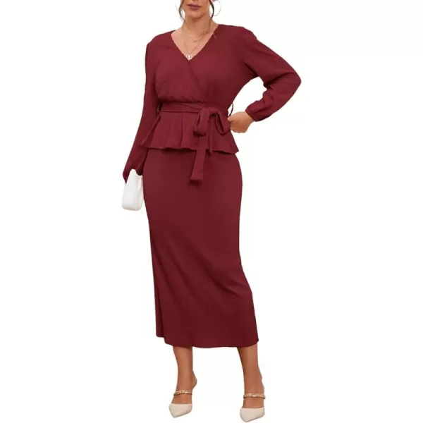 CHARTOU Women 2 Piece Knit Skirt Set Office Work Peplum Sweater Skirt Set Outfits with Belt
