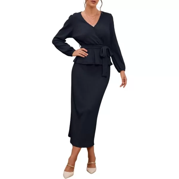CHARTOU Women 2 Piece Knit Skirt Set Office Work Peplum Sweater Skirt Set Outfits with Belt