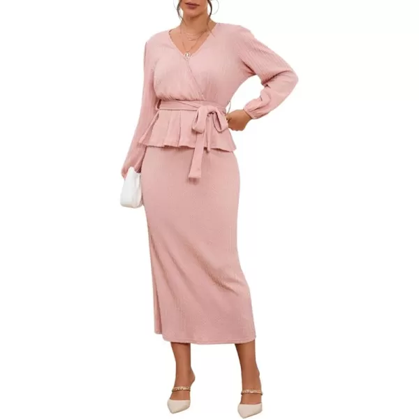 CHARTOU Women 2 Piece Knit Skirt Set Office Work Peplum Sweater Skirt Set Outfits with Belt