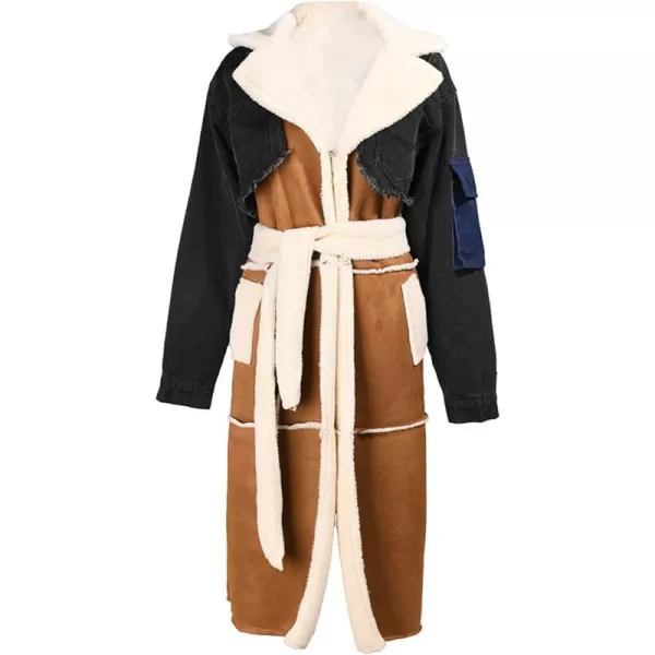 CHARTOU Women's Chic Sherpa Fleece Ripped Distressed Belt Quilted Denim Trench Coat Overcoat