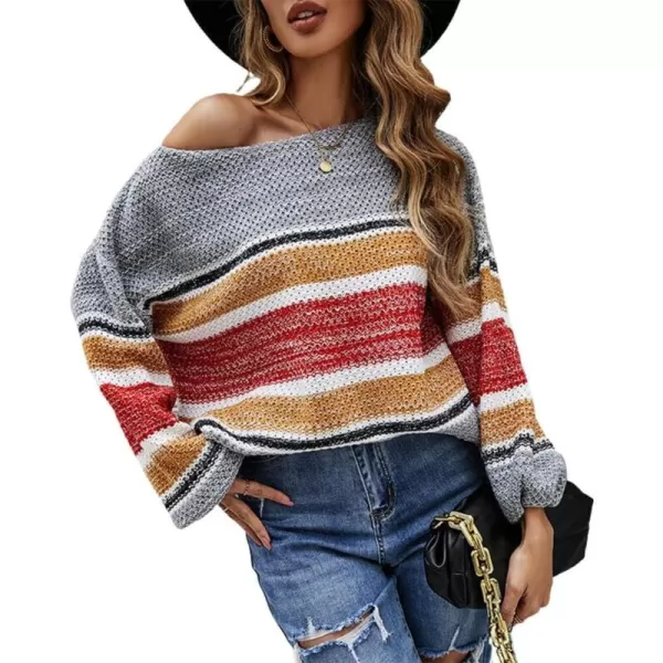 CHARTOU Women's Color Block Hollow Out Off Shoulder Lightweight Lantern Sleeve Striped Pullover Sweater Tops