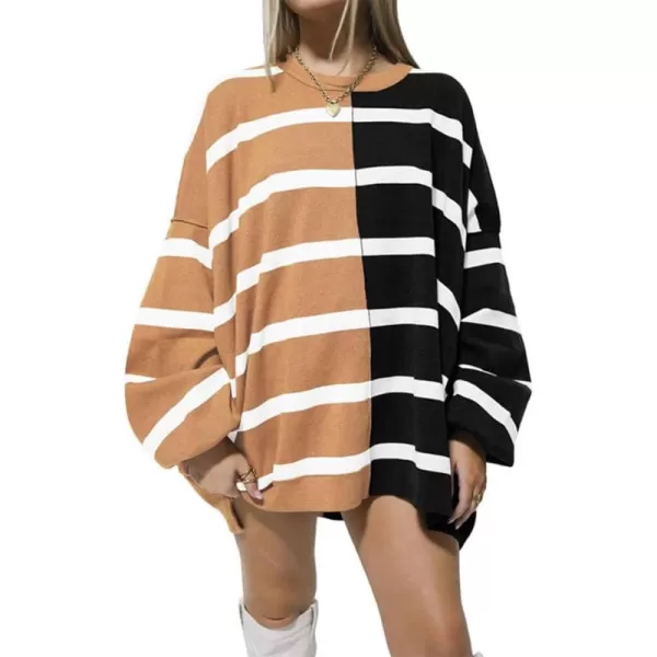 CHARTOU Women's Color Block Patchwork Knitwear Slouchy Striped Lantern Sleeve Pullover Sweater Tops
