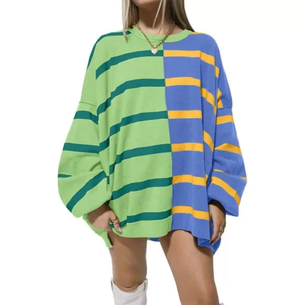 CHARTOU Women's Color Block Patchwork Knitwear Slouchy Striped Lantern Sleeve Pullover Sweater Tops