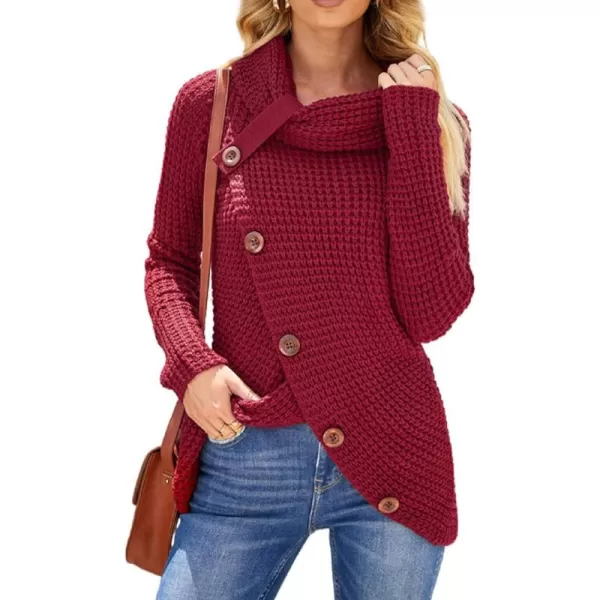 CHARTOU Women's Cowl Neck Knit Waffle Sweater Irregular Hem Slant Button Up Pullover Knitwear