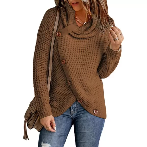 CHARTOU Women's Cowl Neck Knit Waffle Sweater Irregular Hem Slant Button Up Pullover Knitwear