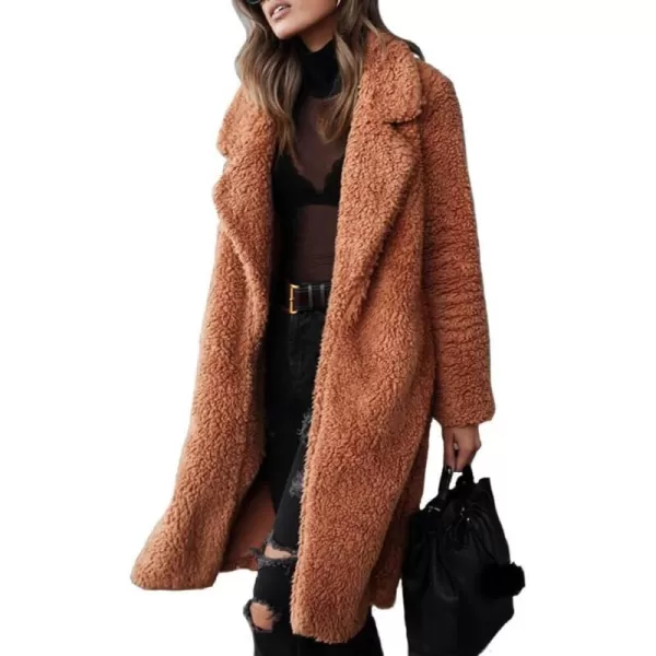CHARTOU Women's Fuzzy Sherpa Fleece Notched Lapel Oversized Overcoat Trench Coat