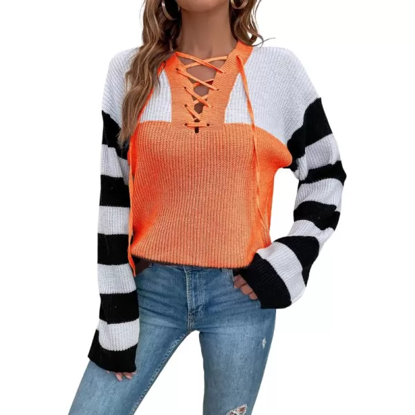CHARTOU Women's Lace Up V-Neck Color Block Stripes Slouchy Knitwear Pullover Sweater