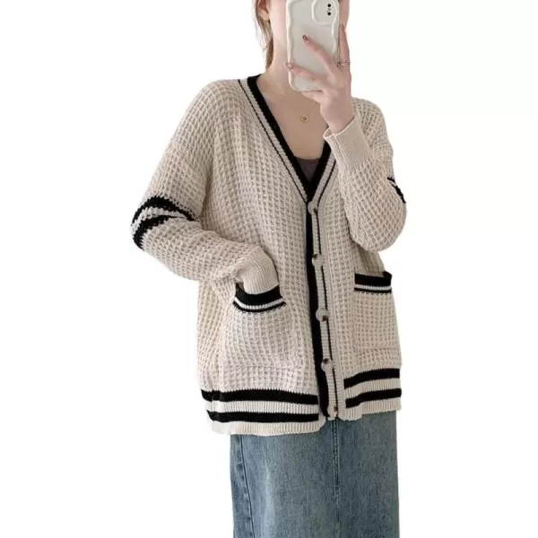 CHARTOU Women's Oversized Open Front Cardigan Button Down Stripes Slouchy Waffle Knit Sweater