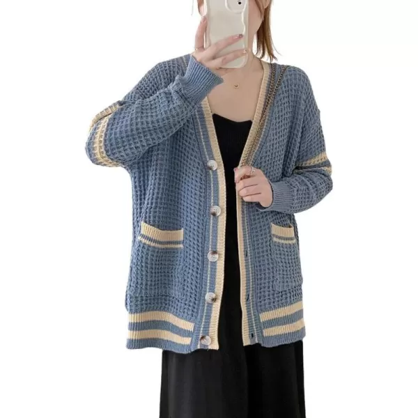 CHARTOU Women's Oversized Open Front Cardigan Button Down Stripes Slouchy Waffle Knit Sweater