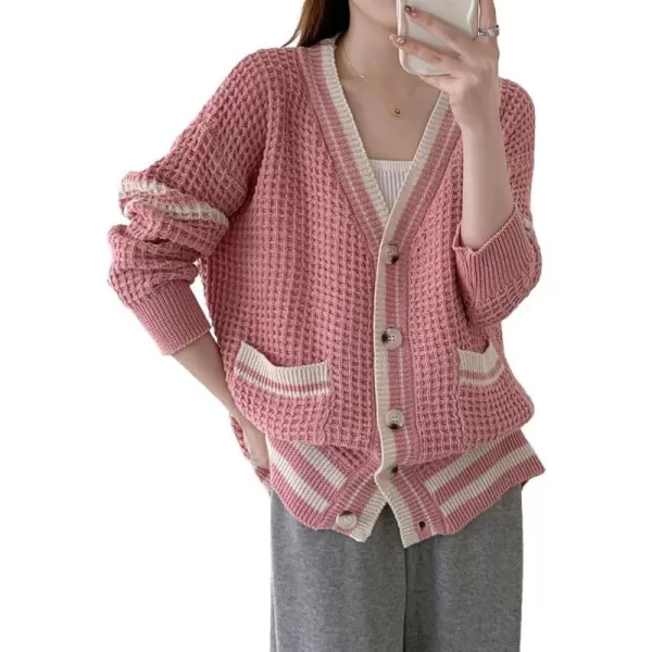 CHARTOU Women's Oversized Open Front Cardigan Button Down Stripes Slouchy Waffle Knit Sweater
