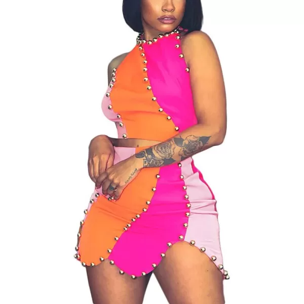 CHARTOU Women's Sexy Summer 2 Pieces Outfit Beaded Crop Tops and Irregular Skirts Sets