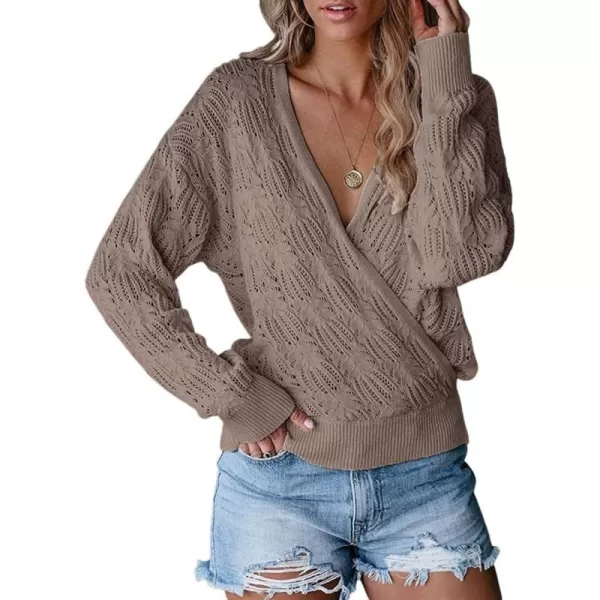 CHARTOU Women's Sexy V-Neck Crochet Knit Crossover Wrap Pullover Sweater