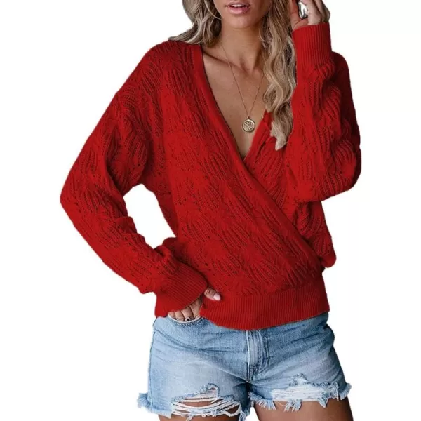 CHARTOU Women's Sexy V-Neck Crochet Knit Crossover Wrap Pullover Sweater