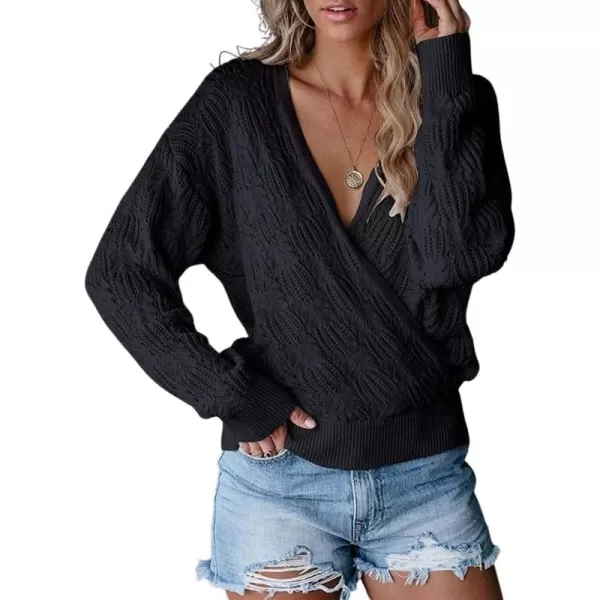 CHARTOU Women's Sexy V-Neck Crochet Knit Crossover Wrap Pullover Sweater