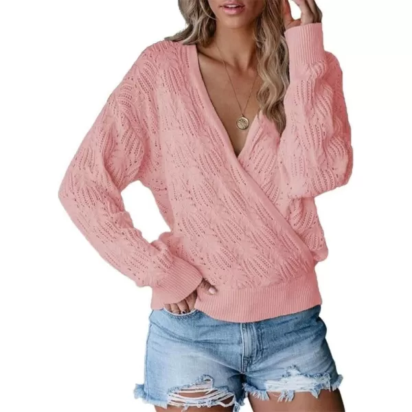 CHARTOU Women's Sexy V-Neck Crochet Knit Crossover Wrap Pullover Sweater