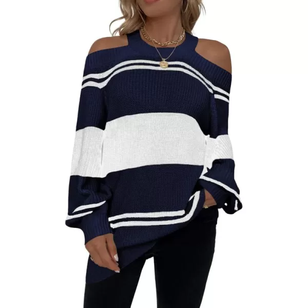 CHARTOU Women's Striped Color Block Halter Neck Cold Shoulder Lantern Sleeve Pullover Sweater