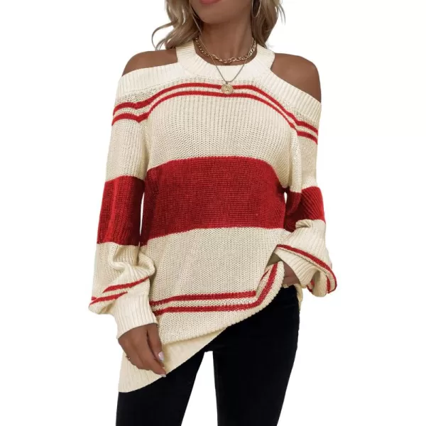 CHARTOU Women's Striped Color Block Halter Neck Cold Shoulder Lantern Sleeve Pullover Sweater