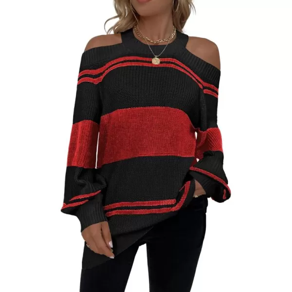 CHARTOU Women's Striped Color Block Halter Neck Cold Shoulder Lantern Sleeve Pullover Sweater