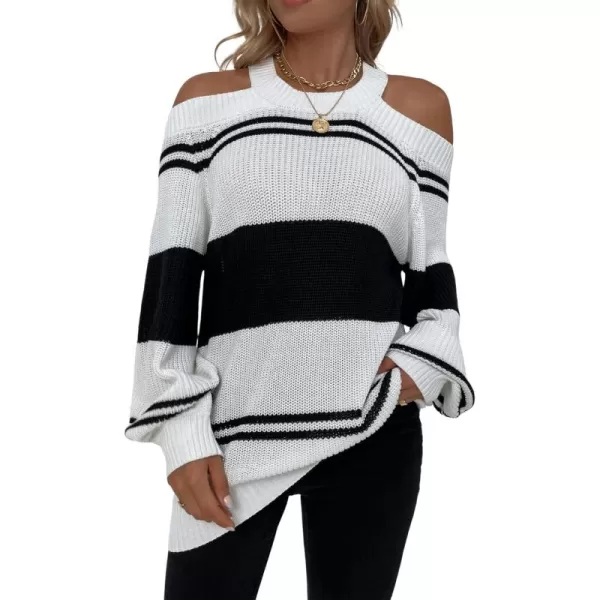CHARTOU Women's Striped Color Block Halter Neck Cold Shoulder Lantern Sleeve Pullover Sweater