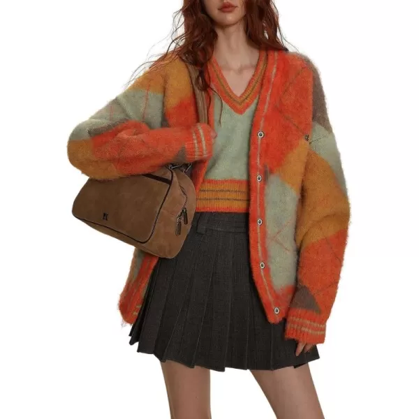 CHARTOU Women's Sweater Vest Sets 2 Piece Outfits Color Block Plaid Cardigan Sweater Striped Embroidered Knit V Neck Vest Set