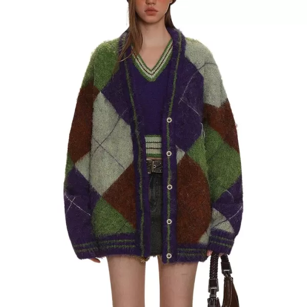 CHARTOU Women's Sweater Vest Sets 2 Piece Outfits Color Block Plaid Cardigan Sweater Striped Embroidered Knit V Neck Vest Set