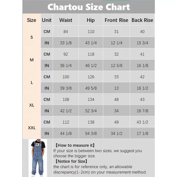 CHARTOU Men Loose Denim Bib Overalls Jean Work Adjustable Strap Denim Jumpsuit Multi Pockets