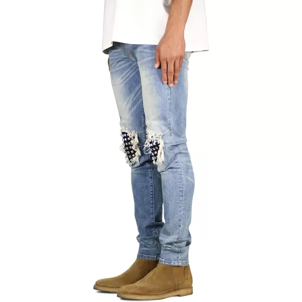 CHARTOU Men's Vintage Destroyed Holes Patchwork Ripped Distressed Skinny Tapered Leg Jeans