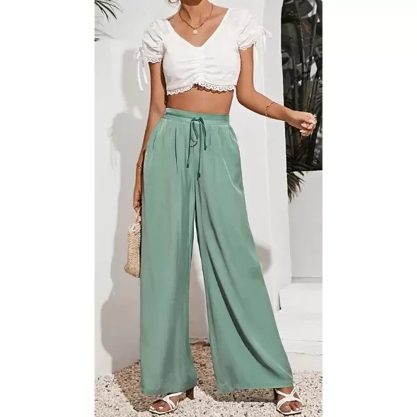 CHARTOU Wide Leg Palazzo Pants for Women Flowy Beach Pants Flared Elastic High Waisted Trousers Drawstring
