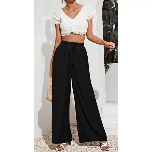 CHARTOU Wide Leg Palazzo Pants for Women Flowy Beach Pants Flared Elastic High Waisted Trousers Drawstring
