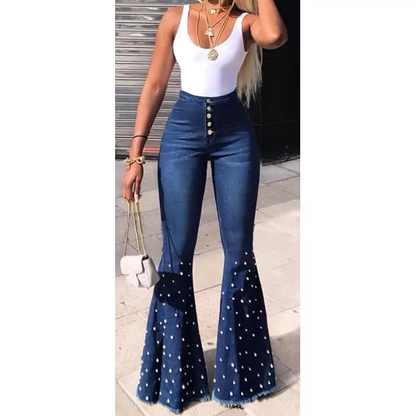 CHARTOU Women Beaded Pearl High Waist Wide Leg Denim Jeans Distressed 5 Buttons Bell Bottom Pants