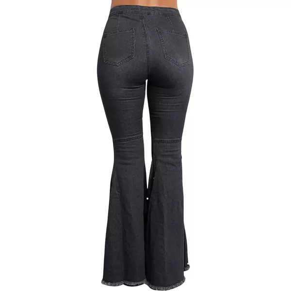 CHARTOU Women Beaded Pearl High Waist Wide Leg Denim Jeans Distressed 5 Buttons Bell Bottom Pants