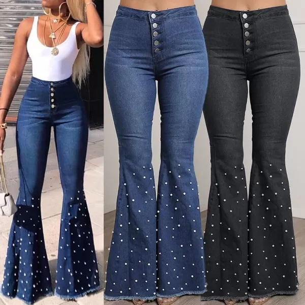 CHARTOU Women Beaded Pearl High Waist Wide Leg Denim Jeans Distressed 5 Buttons Bell Bottom Pants