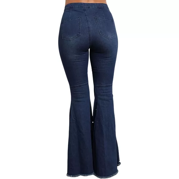 CHARTOU Women Beaded Pearl High Waist Wide Leg Denim Jeans Distressed 5 Buttons Bell Bottom Pants