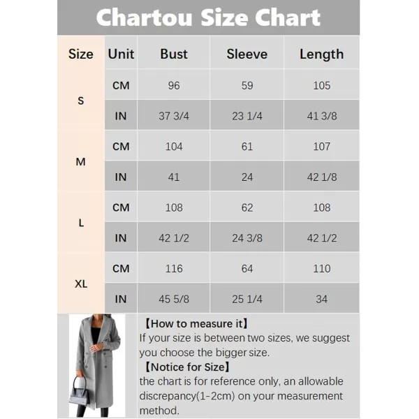 CHARTOU Women Casual Double Breasted Mid Long Pea Coat Winter Notched Lapel Wool Coat Jacket Overcoat