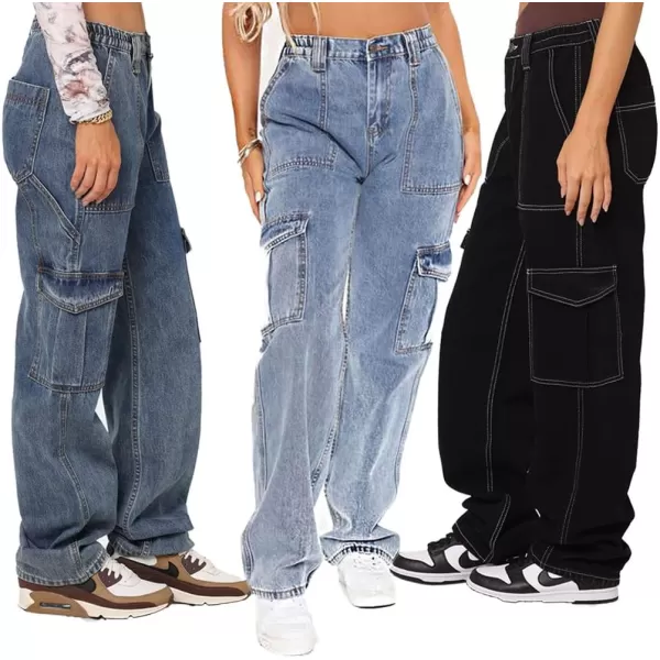 CHARTOU Women Casual High Rise Bootcut Jeans Cargo Pants Denim Pants Multi Pocket