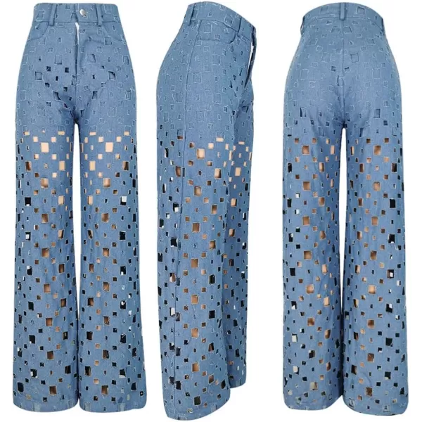 CHARTOU Women Chic High Waisted Hollow Out Denim Pants Cutout Ripped Jeans Wide Leg Party Night Out Punk
